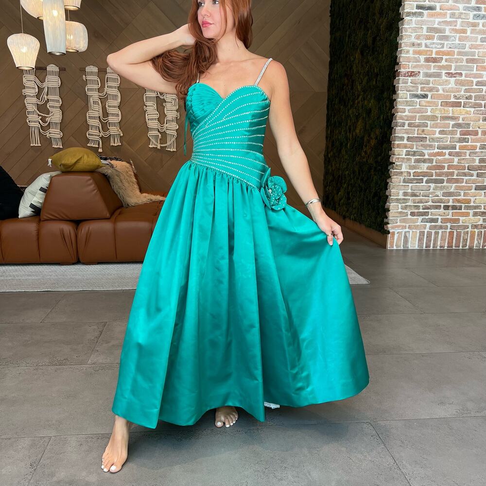 Custom Vintage Green Crystal Embellished Corset Ball Gown